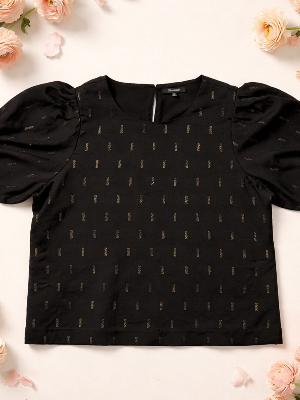 Madewell Black Puff-Sleeve Blouse with Gold Dot Pattern